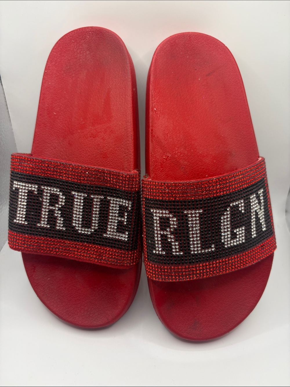 True Religion Red Crystal-Embellished Logo Slides